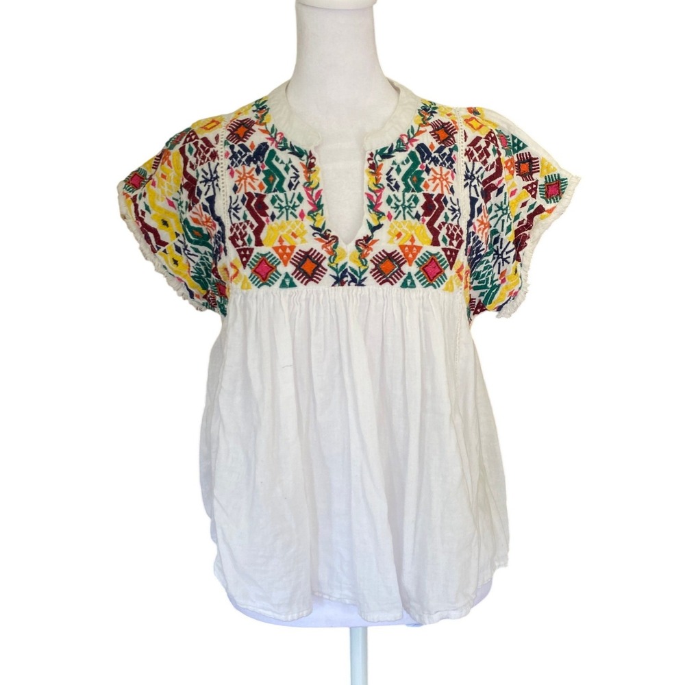 THML Cotton Embroidered Babydoll Top White XS Boho Festival Hippie Cowgirl Artsy